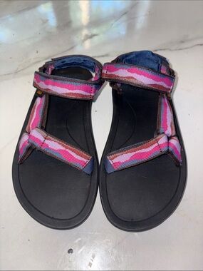 Teva Kids Black Sandals with Pink & Purple Striped Webbing
